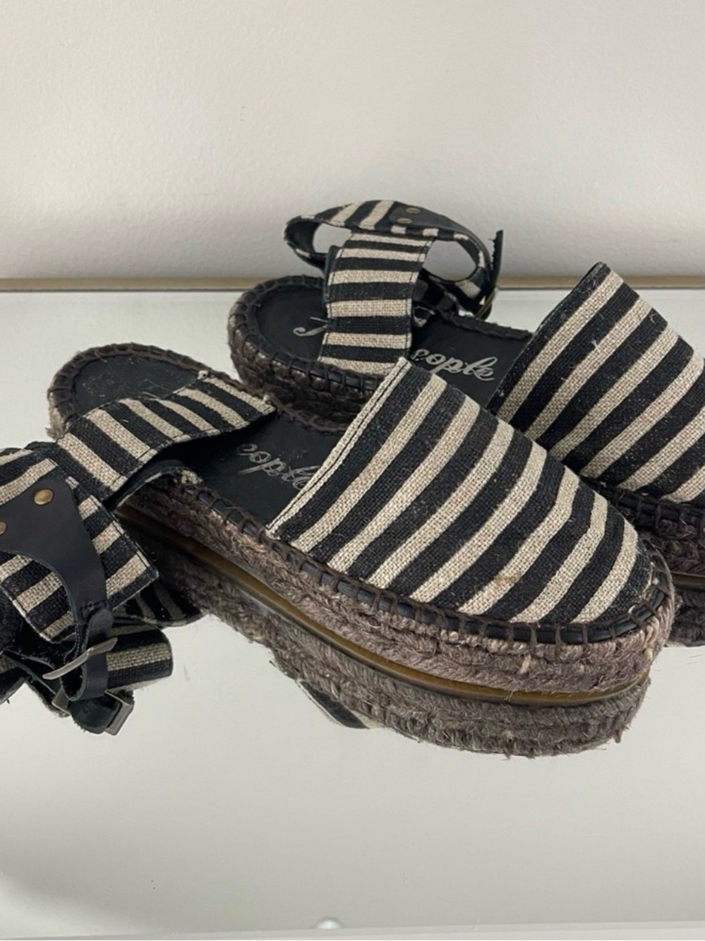 FREE PEOPLE Black Tan Linen Striped Aurora Espadrille Ankle Strap Platform Shoes